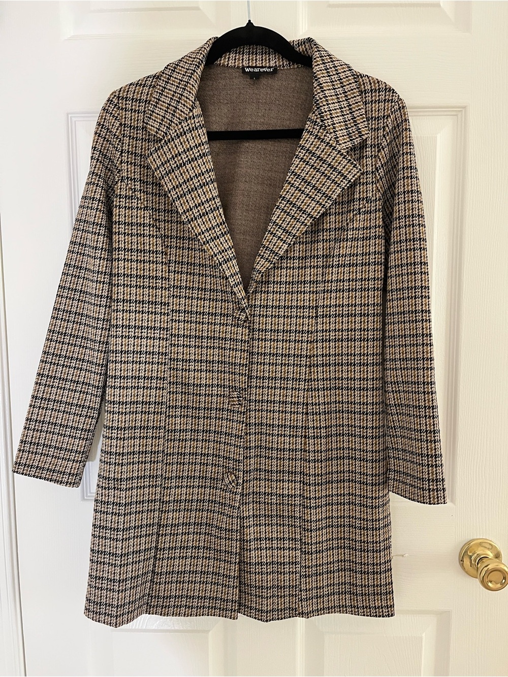 Waverly Plaid Longline Blazer Jacket in Beige and Black